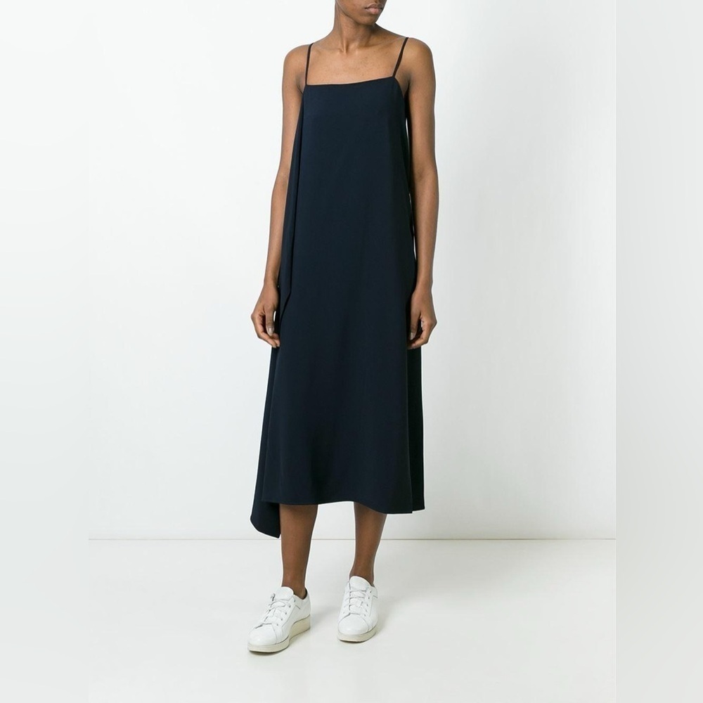 Helmut Lang Navy Blue Side Drape Slip Dress Midi Sleeves Size Large EUC